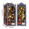 A detailed wooden book nook kit featuring an arched window display with intricate details and illuminated elements.