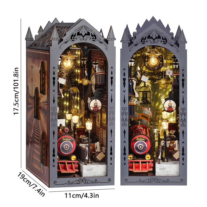 A DIY wooden book nook kit featuring a Japanese alley miniature scene with integrated LED lights.