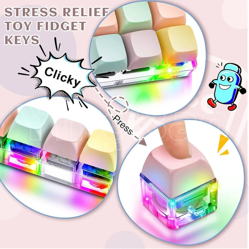 A set of colorful LED fidget keys or buttons with a clear housing and tactile surfaces.