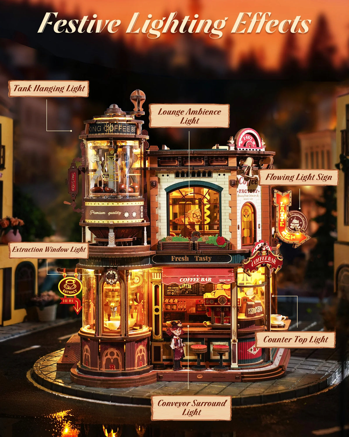 A detailed wooden 3D puzzle model of a coffee factory with various lighting effects.