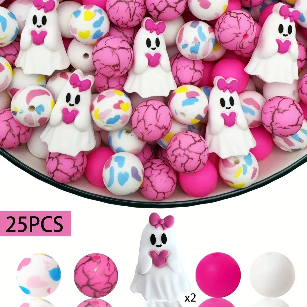 A set of 25 silicone beads in various pink and white colors shaped like ghosts for jewelry and crafting.