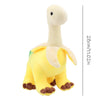A yellow and white plush toy of a Brontosaurus with a long neck and small arms.