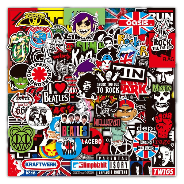 A collage of various rock music related graphics, including band logos, symbols, and text like Oasis, The Beatles, and Punk R