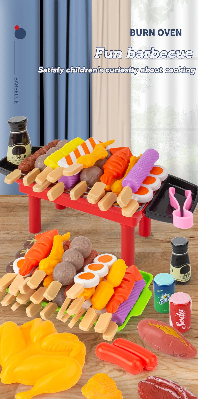 A colorful mini barbecue pretend play set featuring various food items like sausages, vegetables, and fruits for children's p