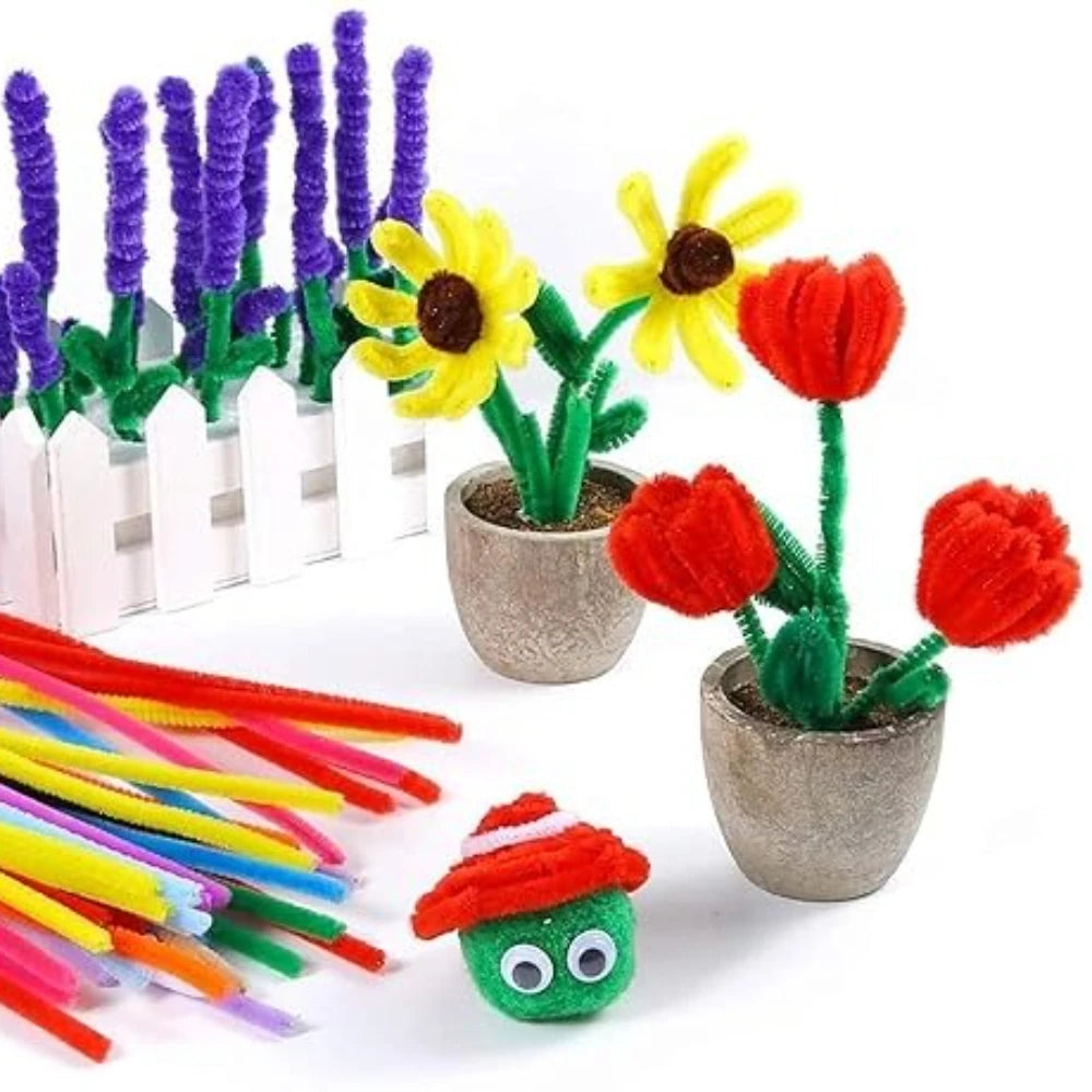 Colorful chenille stem pipe cleaners shaped like flowers and plants for DIY crafts
