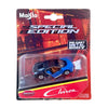 Diecast model of a blue Bugatti Chiron supercar in a clear plastic blister packaging.