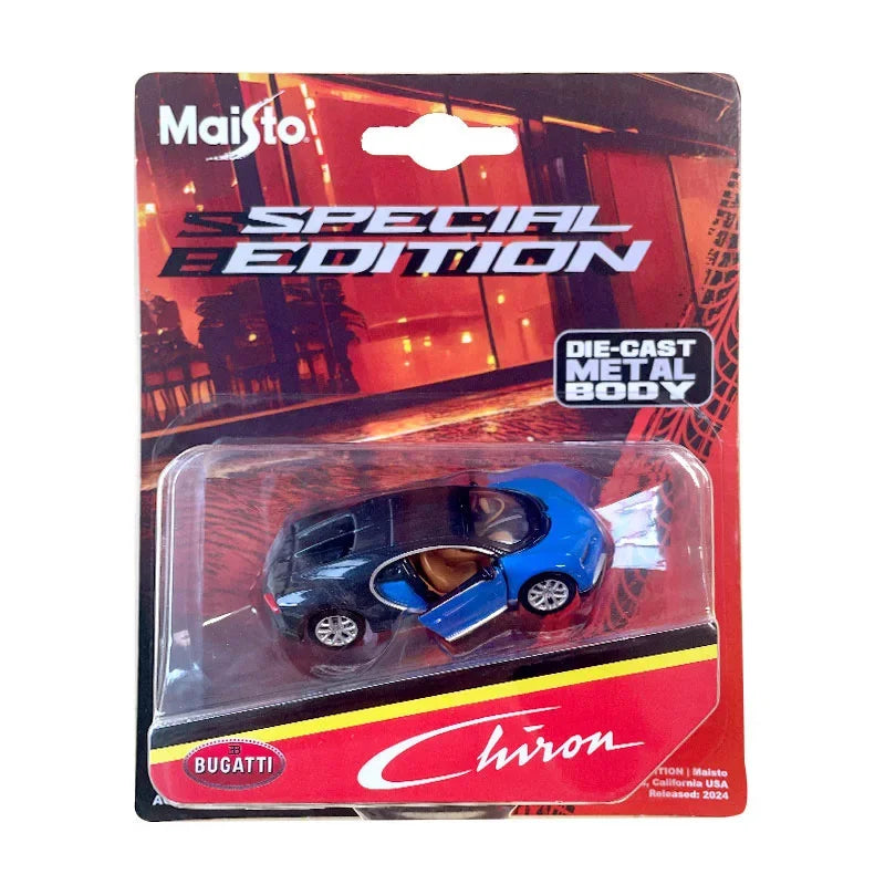 Diecast model of a blue Bugatti Chiron supercar in a clear plastic blister packaging.