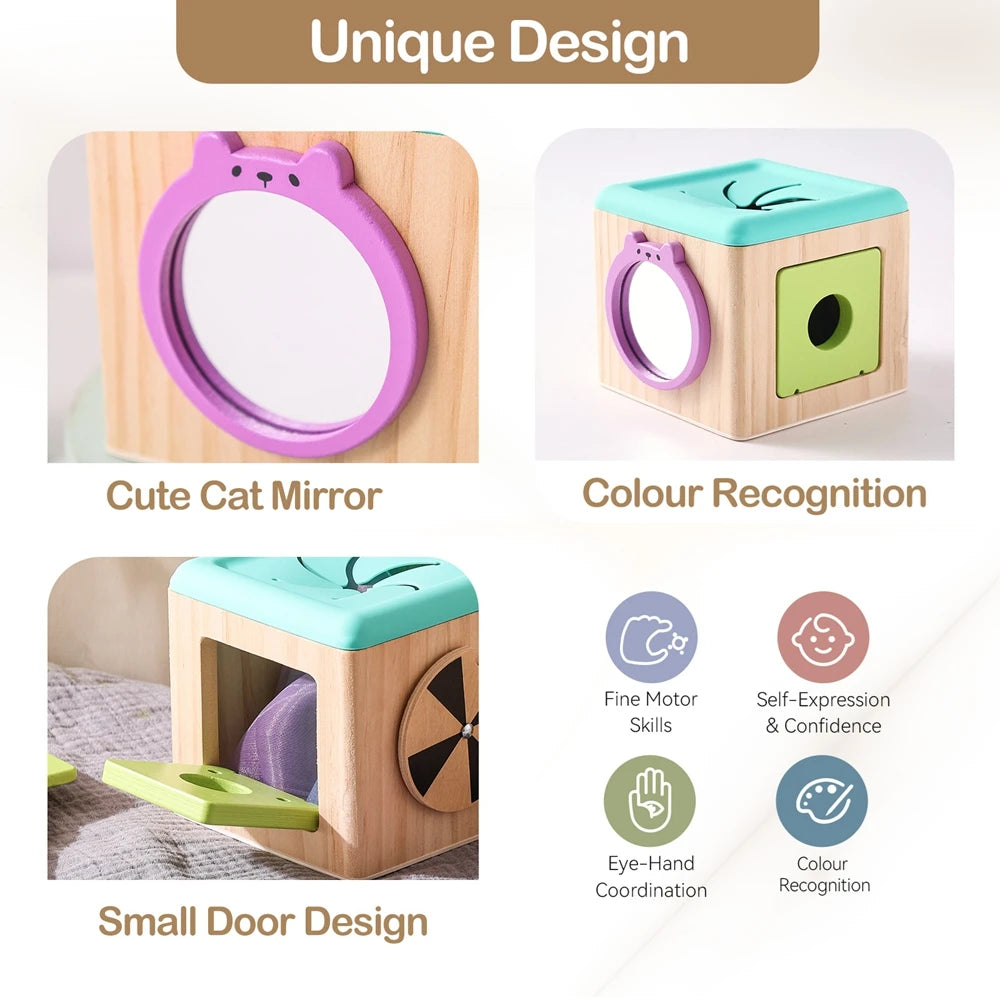 A wooden Montessori magic tissue box toy featuring a cat mirror, color recognition elements, and a small door design for todd