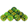 A set of ten green dice with yellow dots arranged in a pyramid shape.