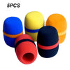 Five yellow and blue foam microphone windscreen covers displayed together.