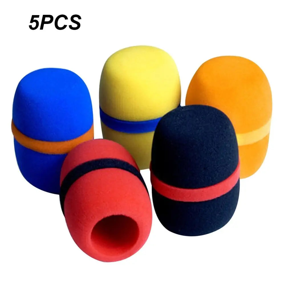 Five yellow and blue foam microphone windscreen covers displayed together.