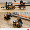 A set of mini engineering vehicles, including a yellow excavator and a dump truck, are displayed on a wooden surface.