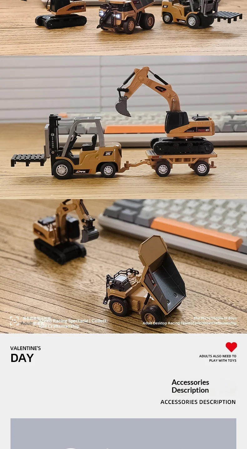 A set of mini engineering vehicles, including a yellow excavator and a dump truck, are displayed on a wooden surface.