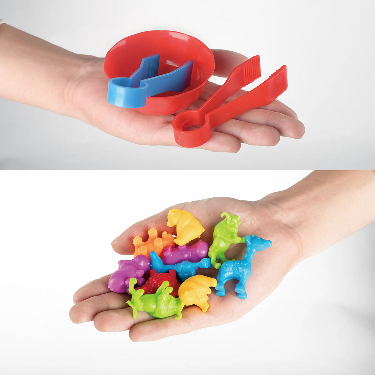A hand holds a red plastic sorting bowl containing blue and orange counting animal toys.