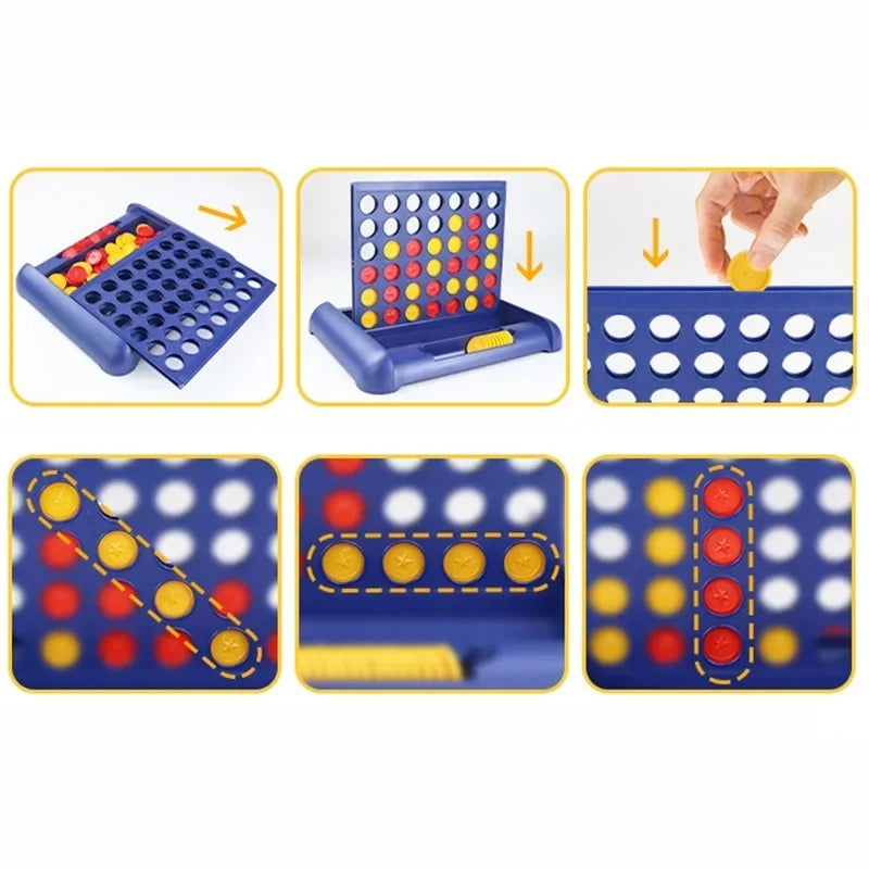 Foldable Connect 4 in a line board game featuring colorful plastic discs and a blue board.