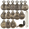 A collection of steampunk dragon pocket watch dice cases and a gold chain.