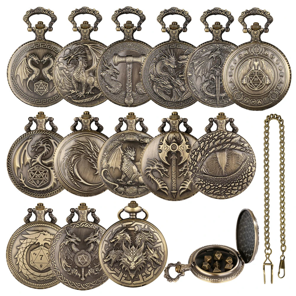 A collection of steampunk dragon pocket watch dice cases and a gold chain.