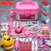 A pink kids doctor role play kit featuring a medical bag, stethoscope, and various plastic doctor tools.