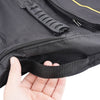 A hand is opening a black padded water-resistant guitar bag, showing the zipper and strap details.