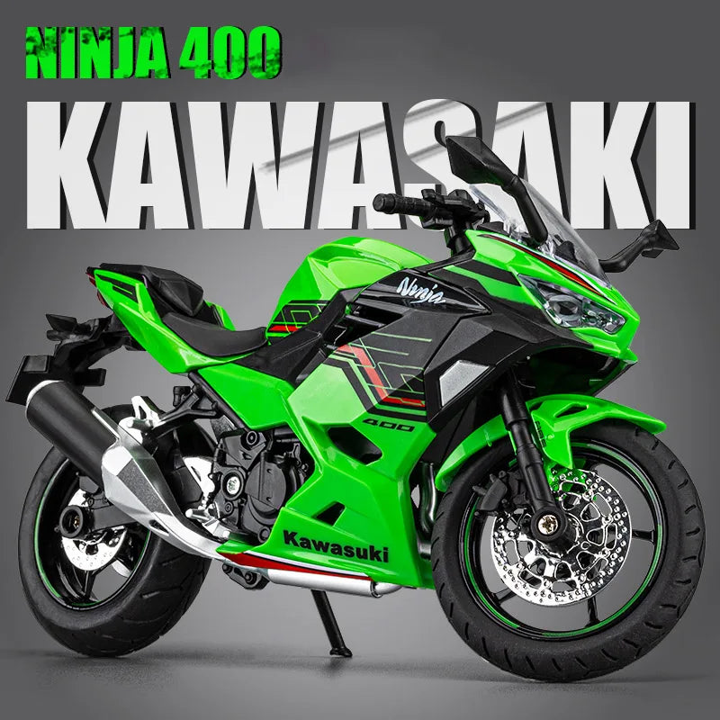 A green Kawasaki Ninja 400 diecast model motorcycle in a studio setting.