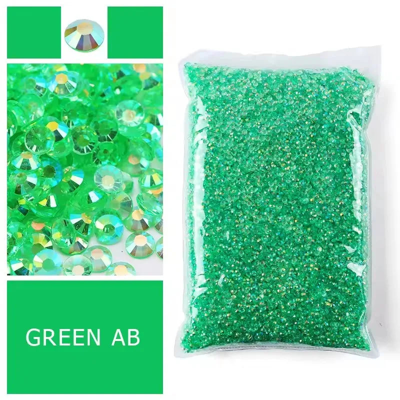 Bag of green AB-coated flat back resin rhinestones for crafts and DIY projects