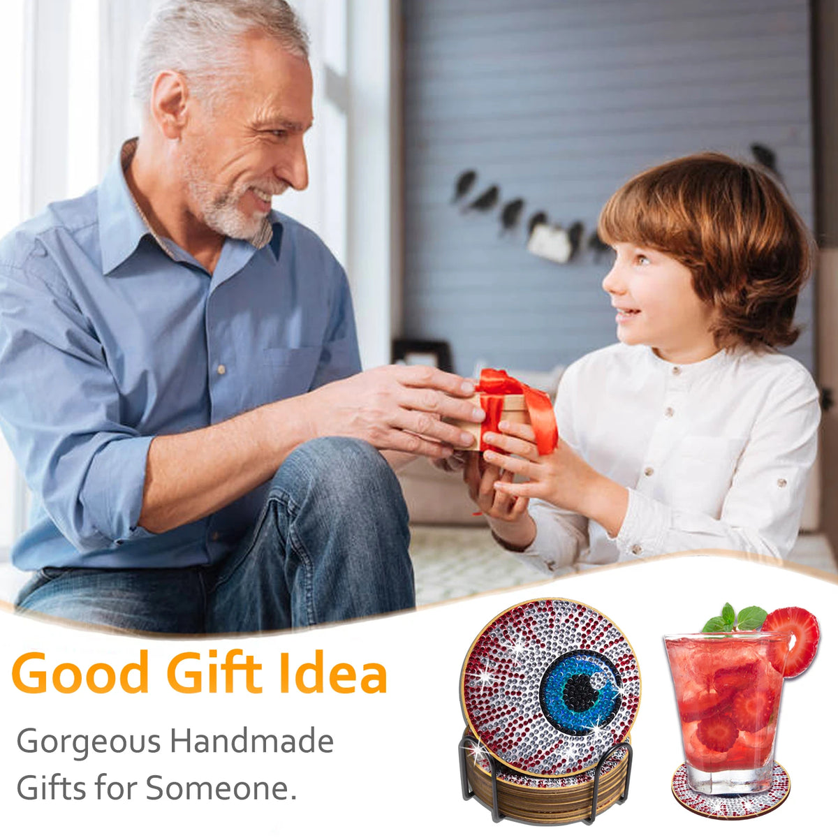 A man and a child are looking at a handmade red spider web coaster set with a holder.