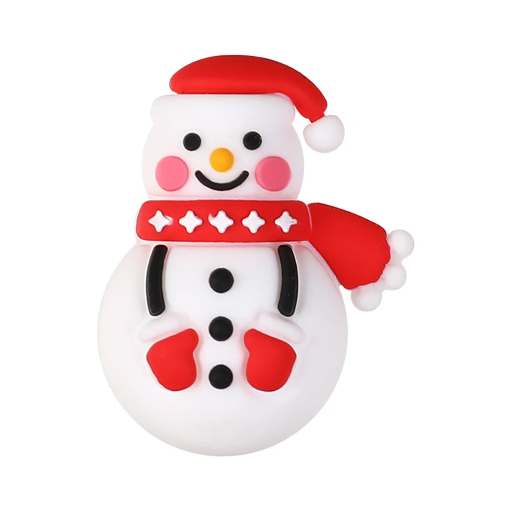 A white silicone bead shaped like a snowman wearing a red Santa hat and a red scarf.