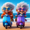 Two elderly women with white hair are shown holding and riding purple and blue electric scooters on a beach.
