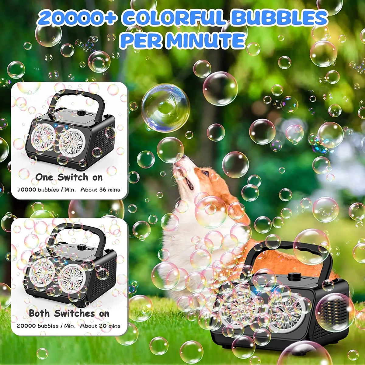 Automatic bubble machine with dual fans and LED lights creating colorful bubbles in a green outdoor setting.