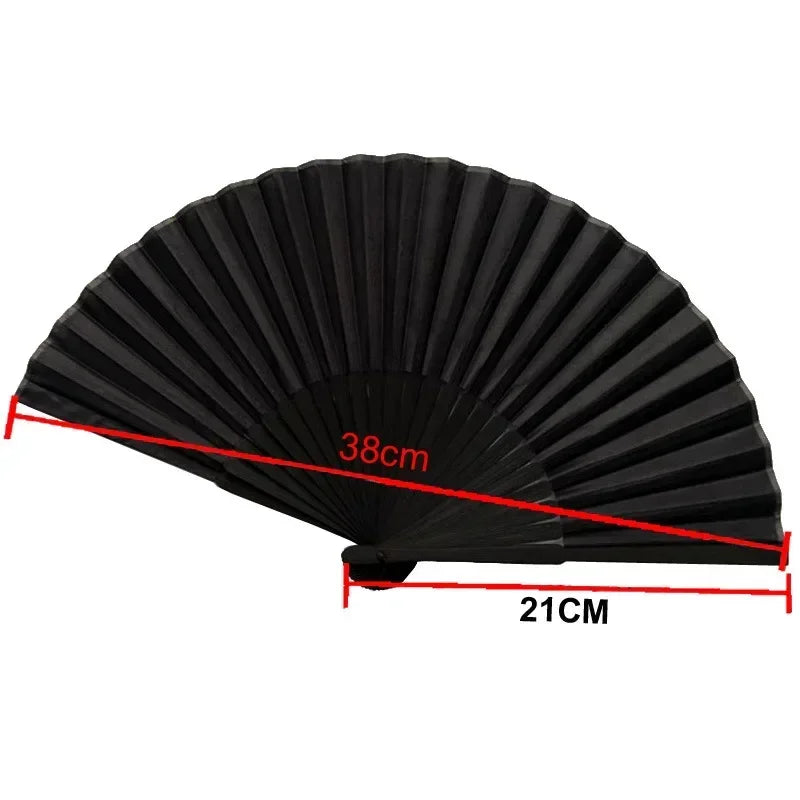 Elegant black folding hand fan with a bamboo frame shown in a fan shape.