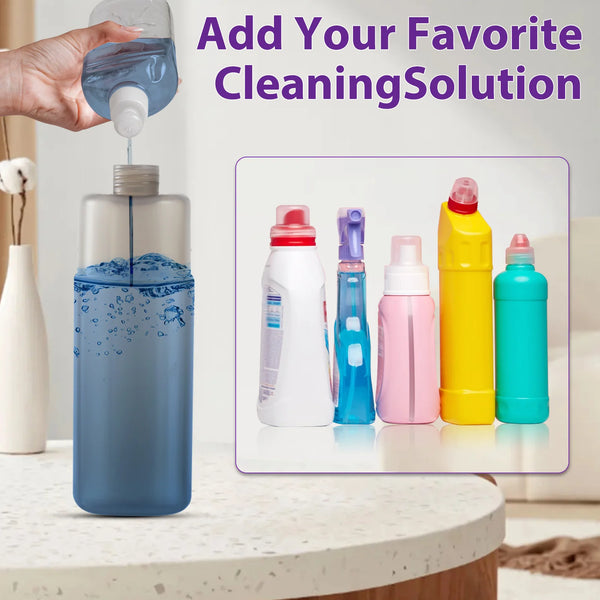 A hand is adding a blue cleaning solution to a clear bottle, with various colorful cleaning solutions displayed in the backgr