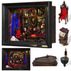 A framed display featuring a gothic vampire theme with wooden elements and red LED lighting.