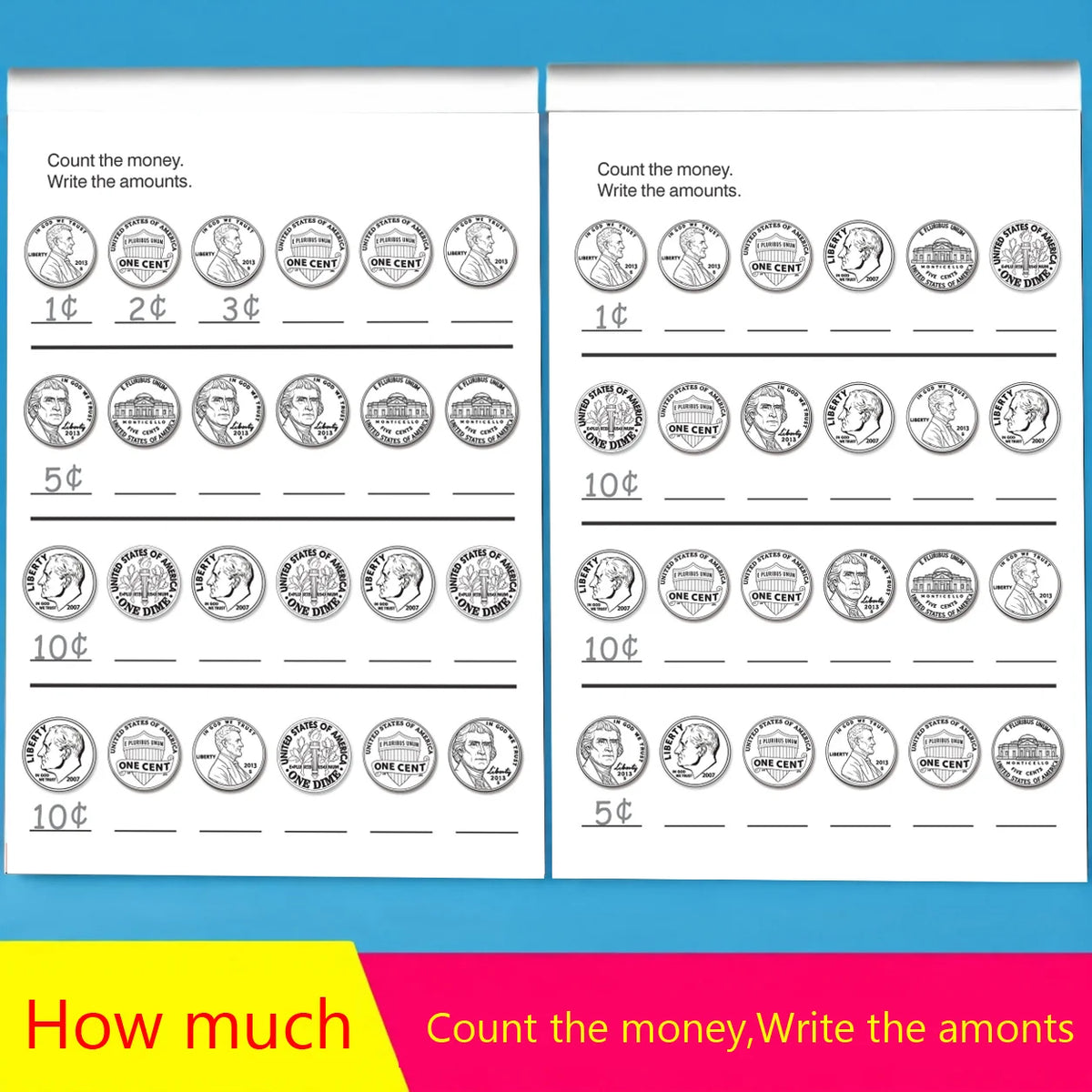 A workbook page showing various denominations of US coins for a money counting activity.
