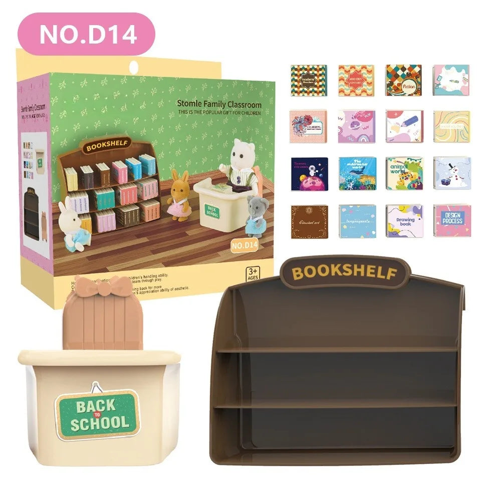 A set of miniature dollhouse furniture including a bookshelf and various playset items for a family classroom theme.
