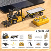 A yellow mini RC excavator toy vehicle with various accessories and parts listed on the packaging.