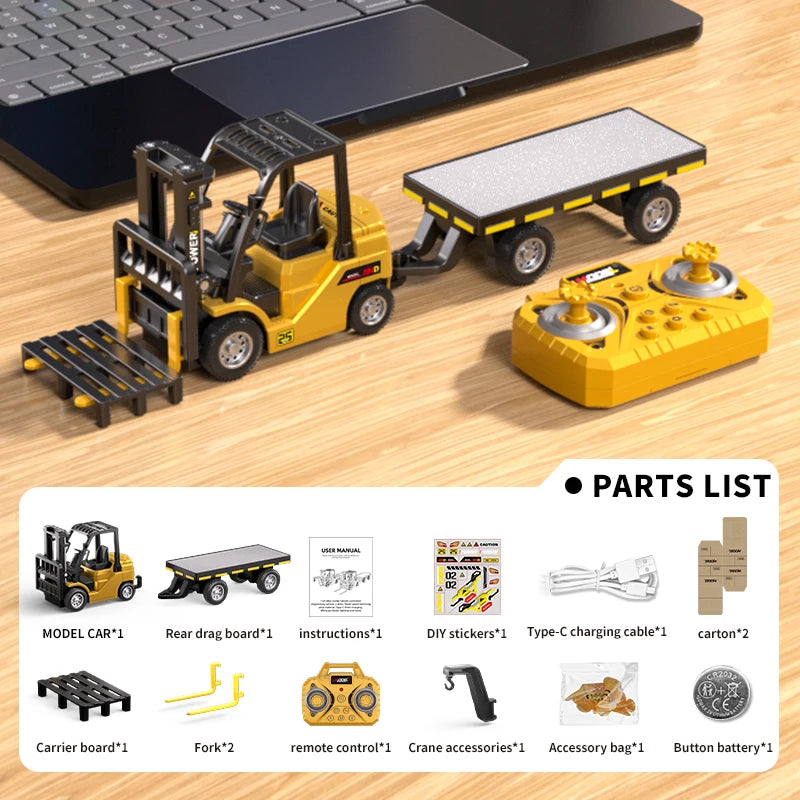 A yellow mini RC excavator toy vehicle with various accessories and parts listed on the packaging.