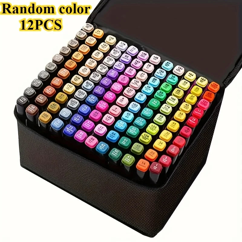 A set of 12 permanent art markers in various colors displayed inside a black storage case.