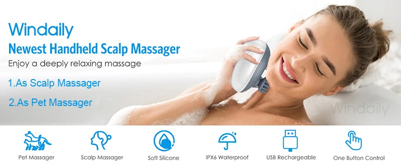 A woman is using a Windaily handheld scalp massager for a relaxing massage.