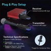 A plug and play wireless microphone system showing a red receiver and a black transmitter connected to a microphone.