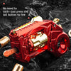 A red alloy fidget toy gun is shown with a gold shell ejection mechanism and a spinner, emphasizing easy firing.