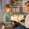 A young boy is shown interacting with a box of learning cards, suitable for children's gifts.