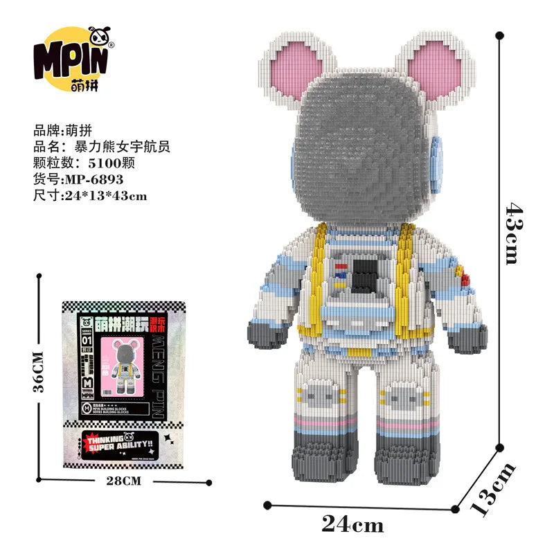 A gray bear figure made of micro building blocks with pink ears and yellow and blue accents.