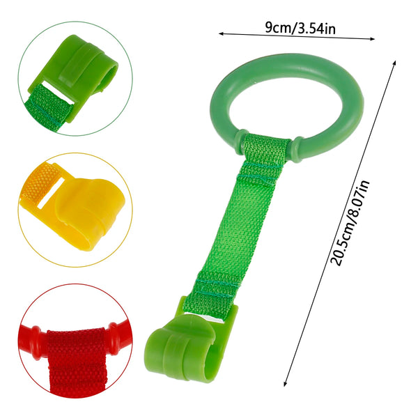 Green baby crib pull rings for development and balance shown in various colors
