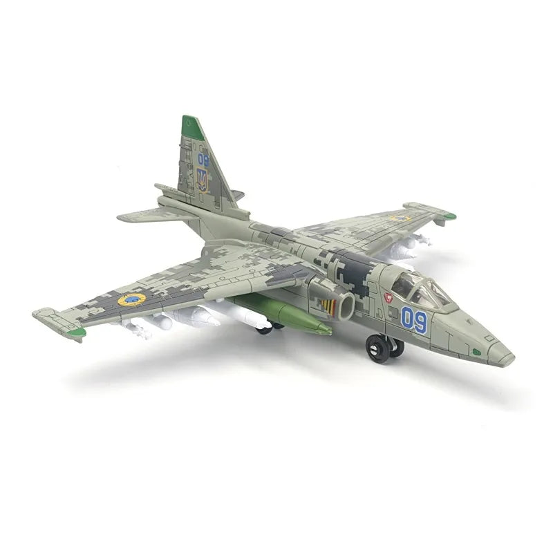 A plastic building block model of an A-10 Warthog aircraft in camouflage paint scheme.