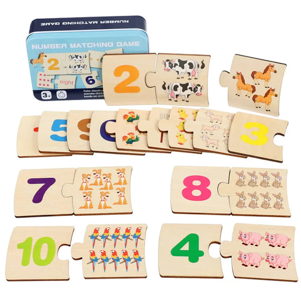 A set of wooden animal puzzle boards featuring numbers and corresponding animals for children.
