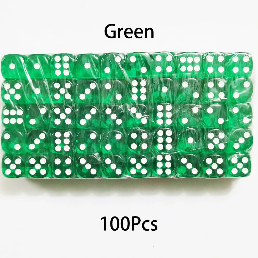 A pack of 100 green acrylic six-sided dice with transparent rounded edges for tabletop games.