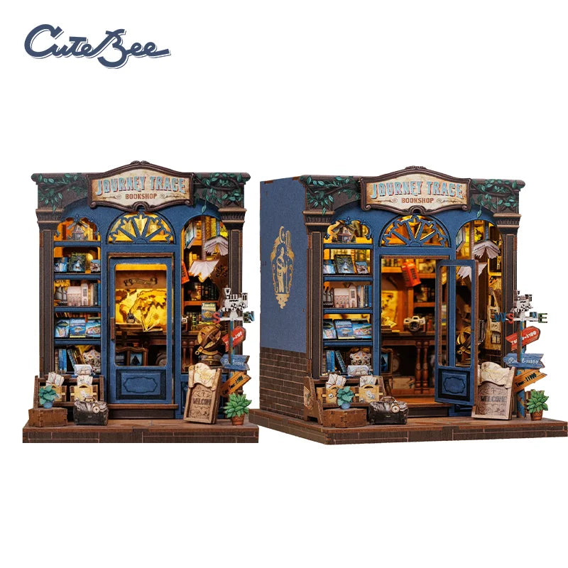 A detailed 3D wooden book nook kit featuring a shop facade with interior displays and LED lighting.