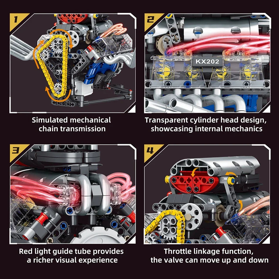 Technical V8 Engine Model Building Kit with LED Lights and App Control