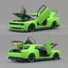 A bright lime green Dodge Challenger SRT Hellcat diecast model car with the hood open.