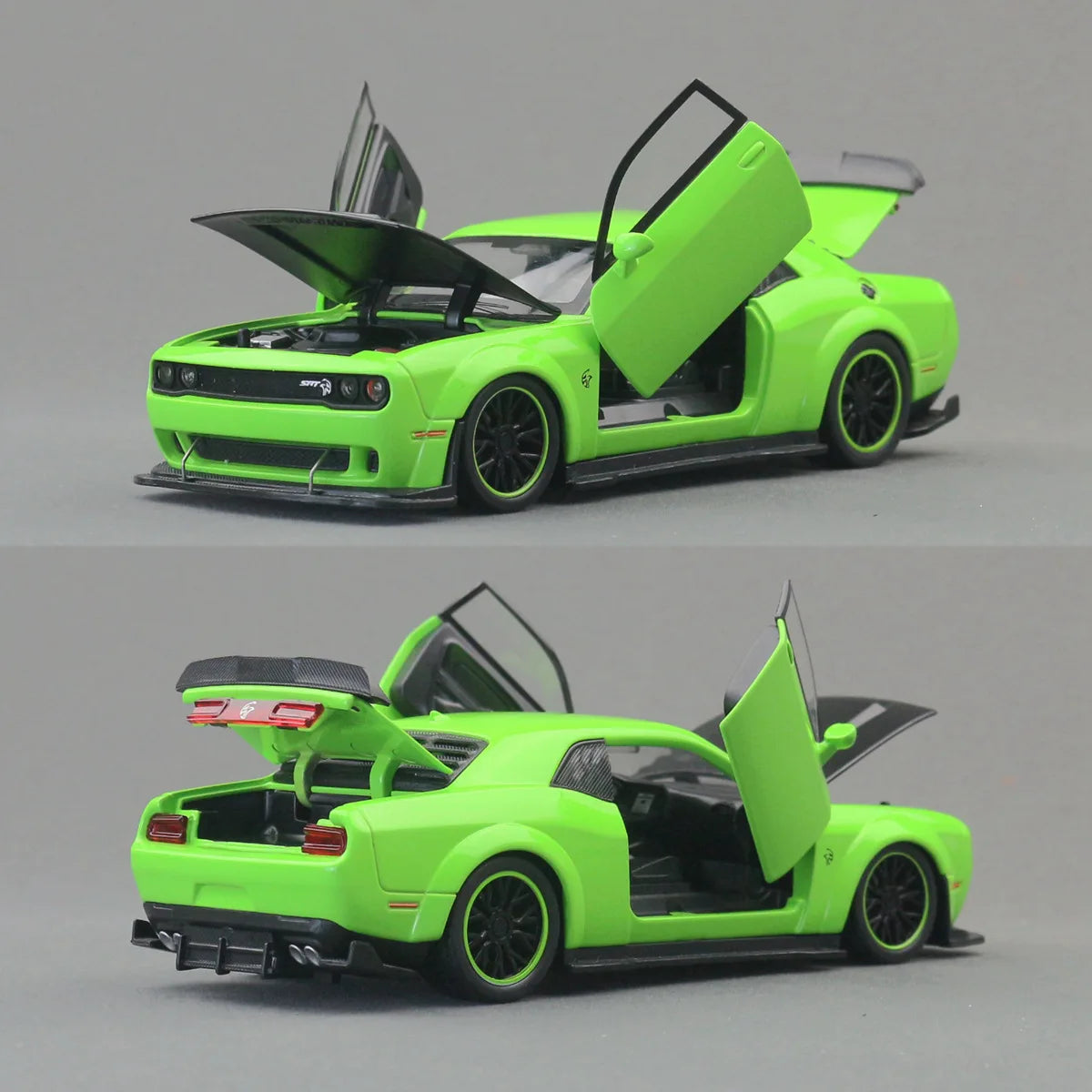 A bright lime green Dodge Challenger SRT Hellcat diecast model car with the hood open.